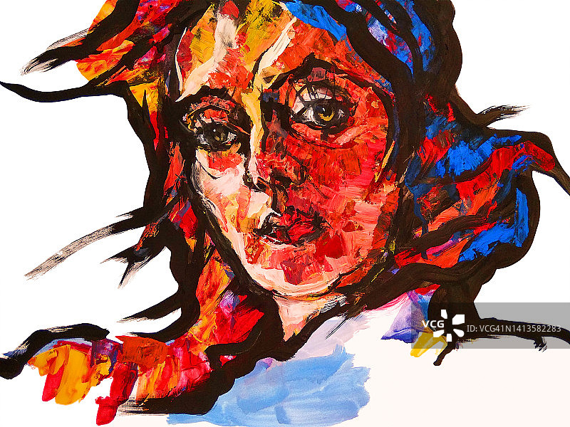 插画艺术油画肖像的一个年轻的女人飘动的头发在白色的背景图片素材
