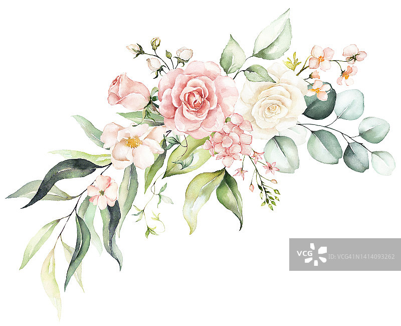 水彩花束边花圈框以鲜艳的桃红色、腮红、白色、粉红色、鲜艳的花朵、金色元素、绿叶图片素材