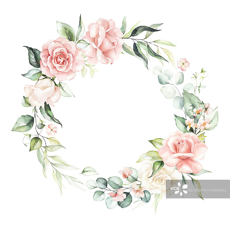 水彩花圈/框架，绿色的叶子，粉红色的桃红的花朵和树枝。图片素材