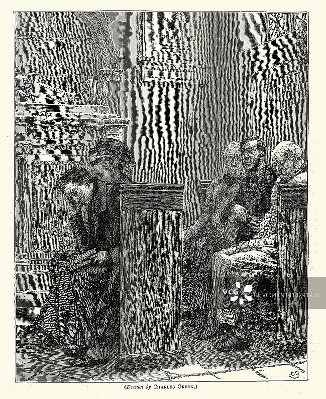 19世纪70年代，人们坐在教堂的长椅上做周日弥撒图片素材