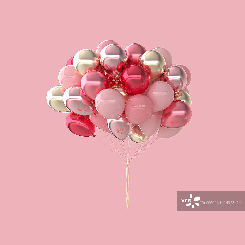 3d渲染插图的现实光泽的红色，粉红色，金色的气球在粉红色的背景。图片素材