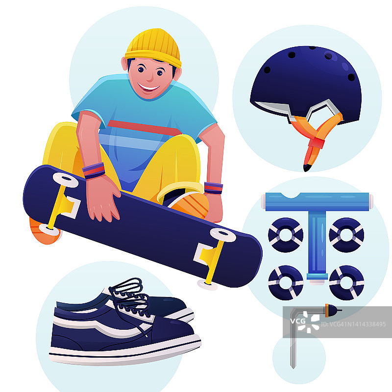 少年玩滑板和专业设备安全卡通矢量图片素材