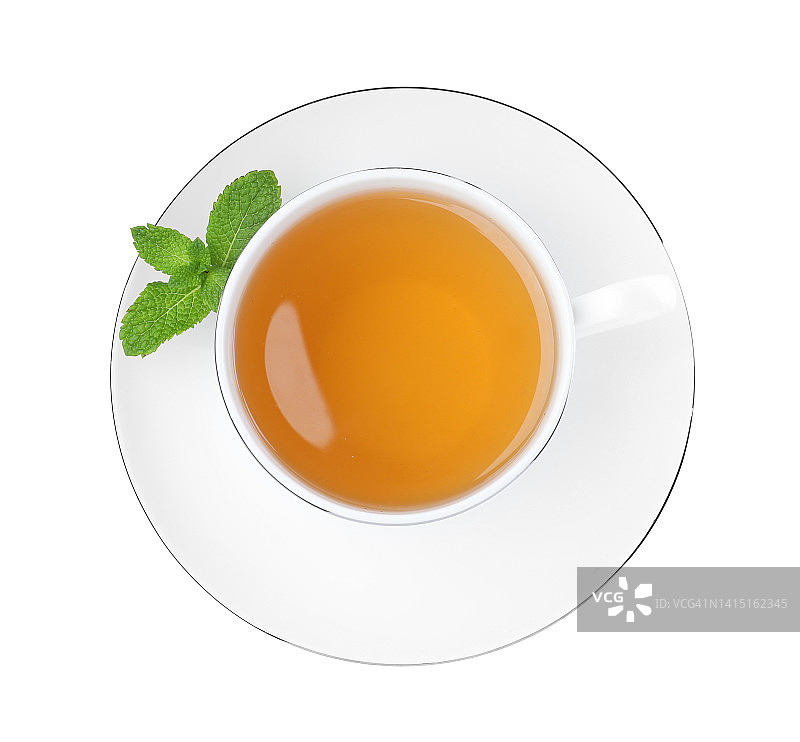 一杯芳香的绿茶和新鲜的薄荷在白色的背景，俯瞰图片素材