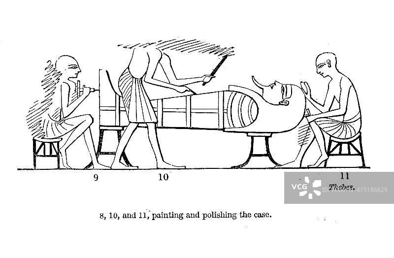 19世纪雕刻工人钻孔和抛光木乃伊的棺材;底比斯;墓穴艺术和象形文字;古埃及人1854年图片素材