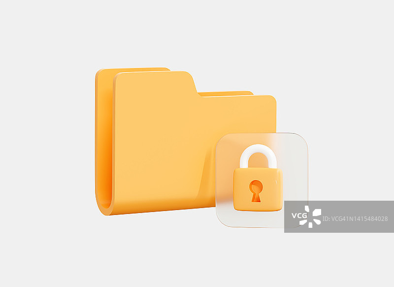 3D黄色锁定文件夹。个人资料保安概念。受保护的信息。文件管理。数据库归档。卡通创意设计图标孤立在白底。三维渲染图片素材