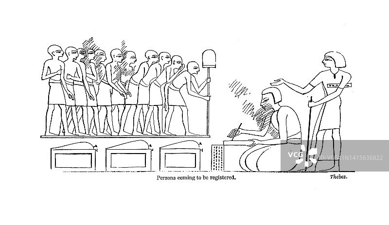 19 c雕刻;底比斯人在地方法官面前登记;《古埃及人的通俗故事》1854年图片素材