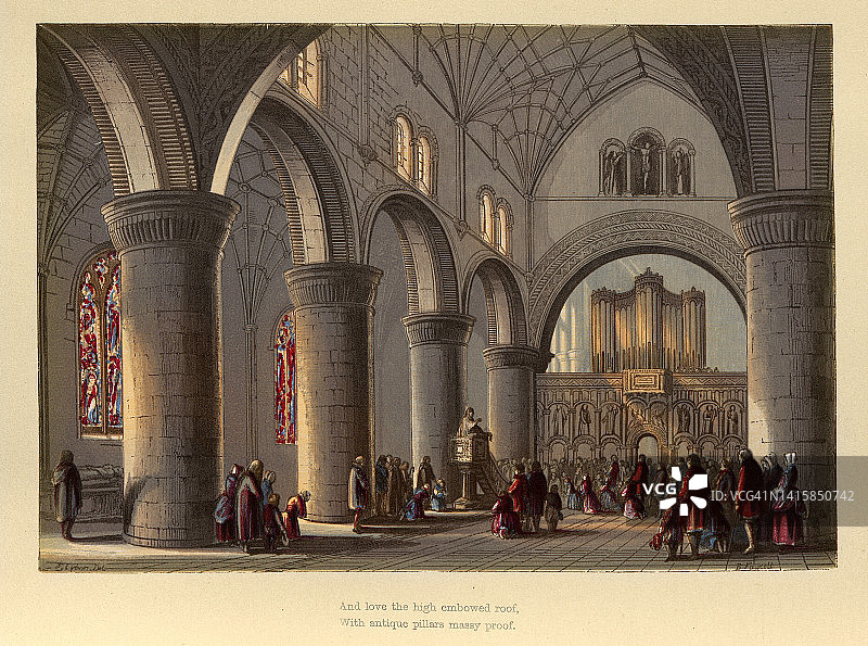 复古插画，牧师在教堂里用果肉布道，彩色玻璃窗，19世纪图片素材