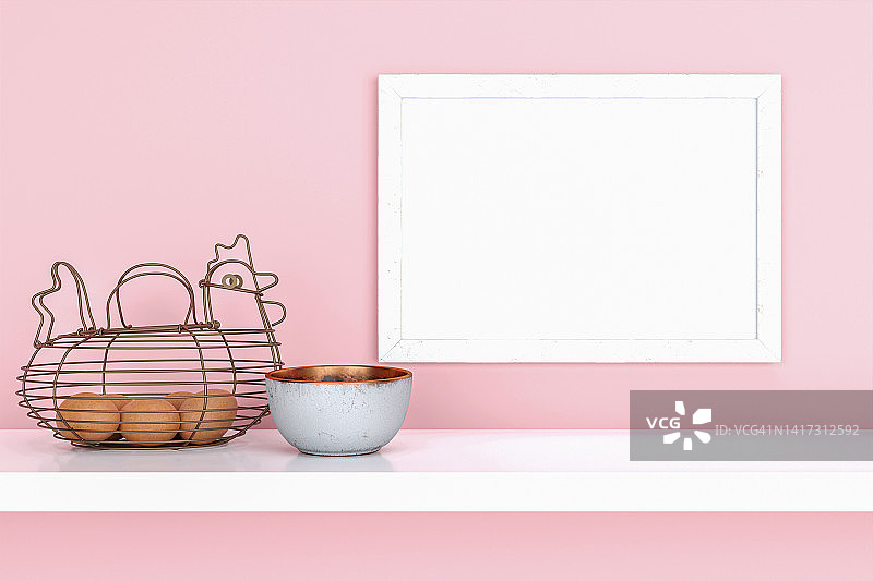 在一个白色的架子上有一个鸡蛋篮子的模型相框的3d渲染插图。图片素材