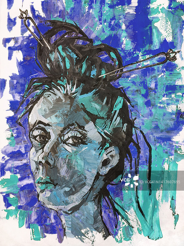 插画油画肖像的年轻女子与长黑发和发卡在她的发型在一个寒冷的蓝色背景图片素材