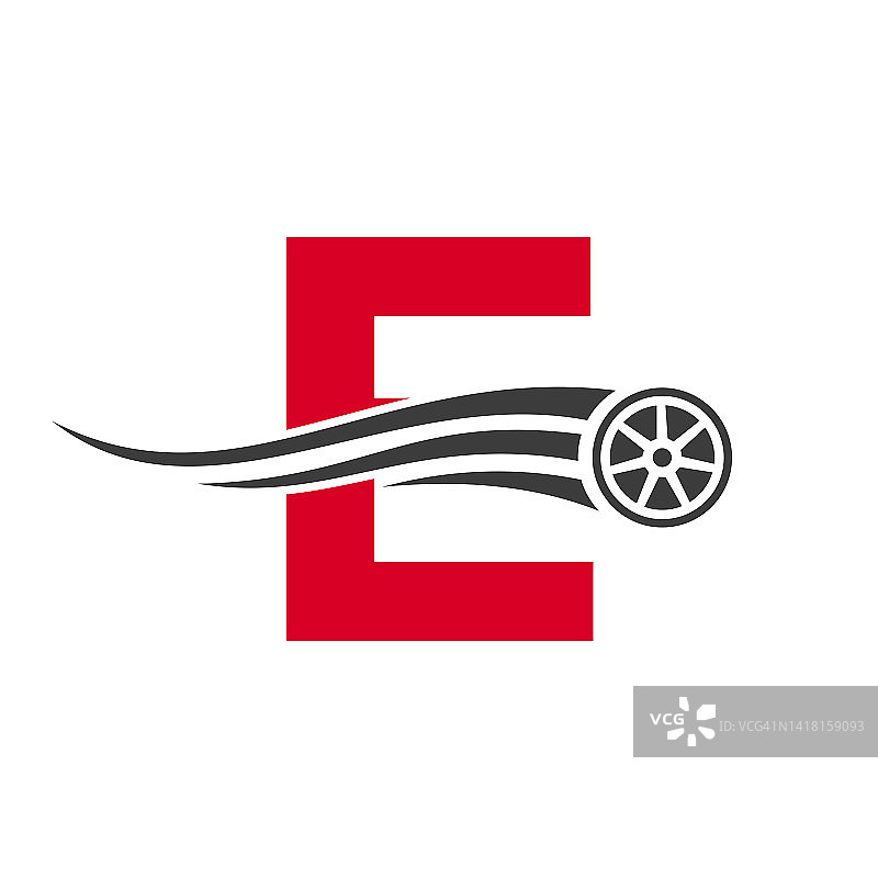 运动汽车字母E汽车维修标志设计概念与运输轮胎图标矢量模板图片素材