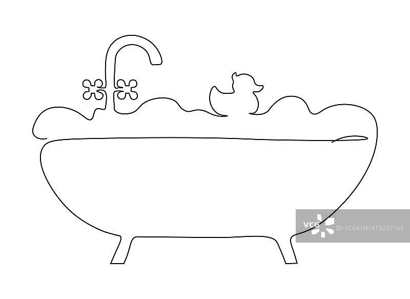 泡沫浴在单一连续线。浴缸用橡皮鸭一条线。浴缸剪影极简风格。平面矢量插图孤立在白色背景上。图片素材