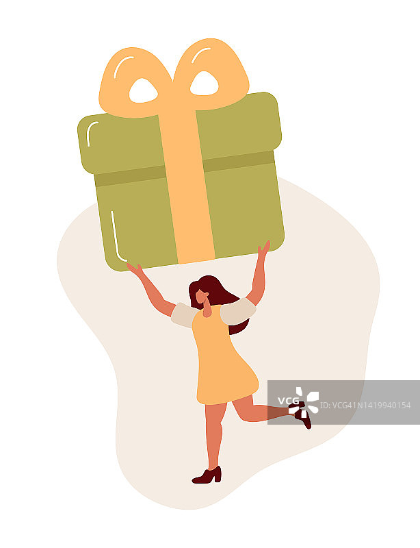 欢快的小矢量女人扛着巨大的礼物盒在头顶上。女性角色手持节日包装的大生日礼物。平面卡通插图孤立在白色图片素材