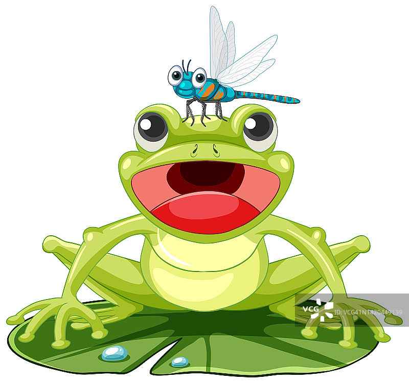 荷叶上的卡通青蛙和蜻蜓图片素材