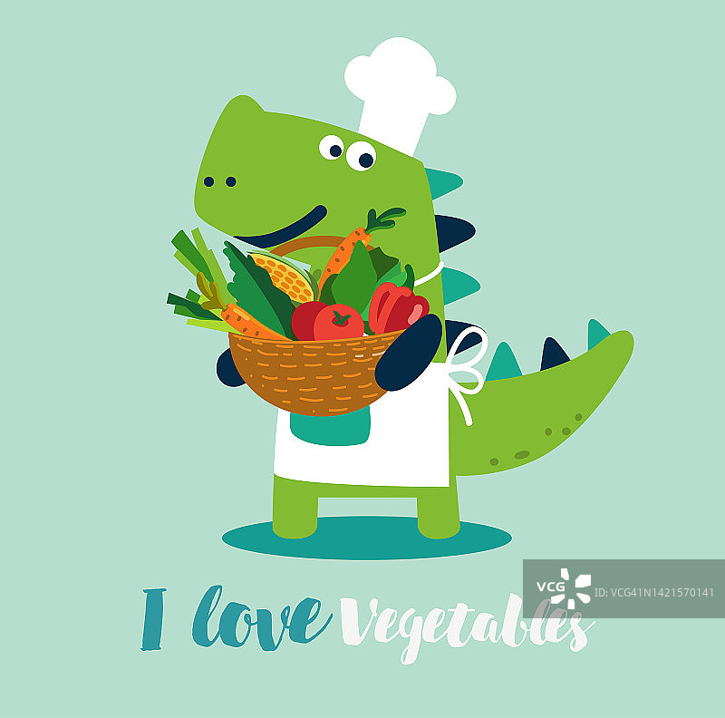 可爱微笑的恐龙穿着厨师服配着蔬菜。健康食品载体概念图片素材