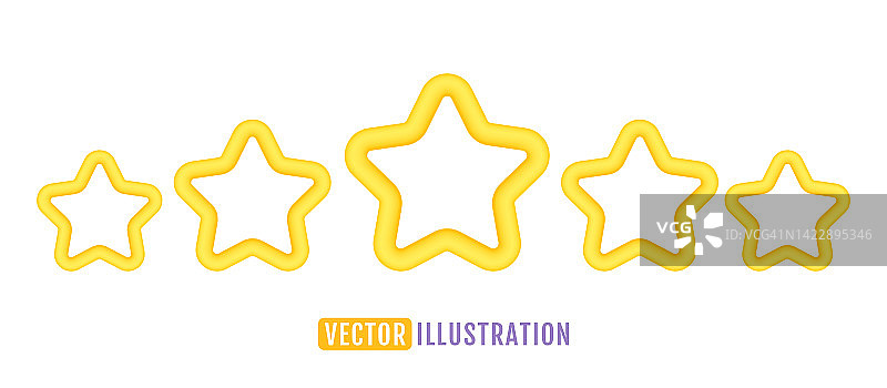 矢量图标的五个黄色星星光泽的颜色。游戏成就或网站用户评价反馈。矢量插图的星星在现实的3d风格。图片素材