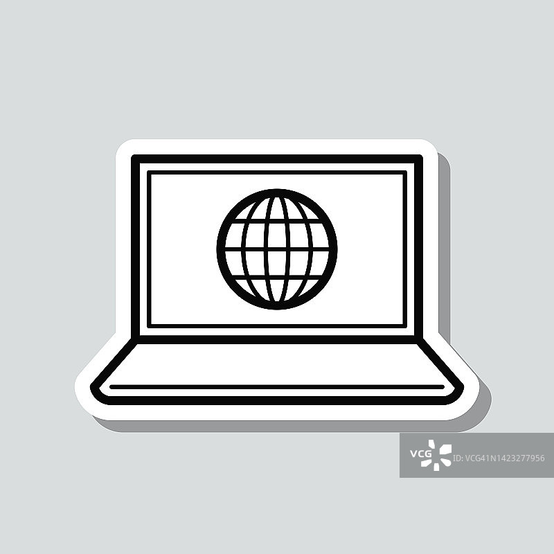 全球笔记本电脑。灰色背景上的图标贴纸图片素材