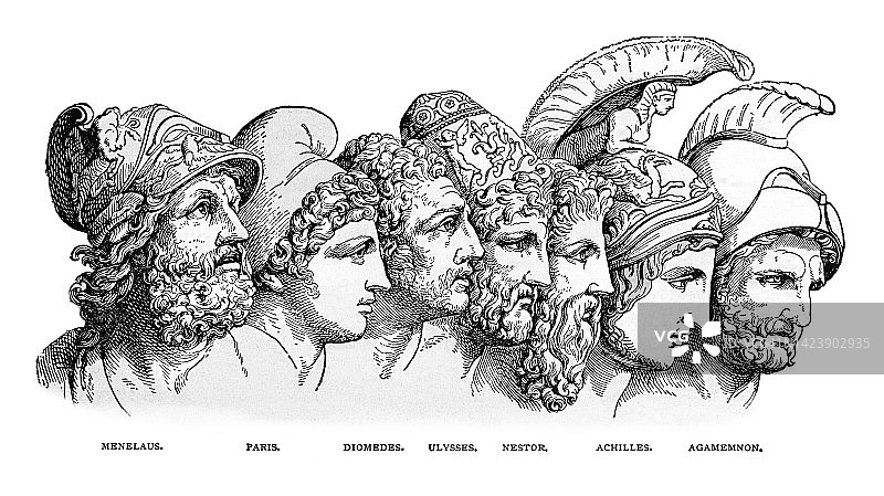 特洛伊战争英雄的古雕刻插图:墨涅劳斯，帕里斯，狄俄墨得斯，奥德修斯，内斯特，阿喀琉斯，阿伽门农图片素材