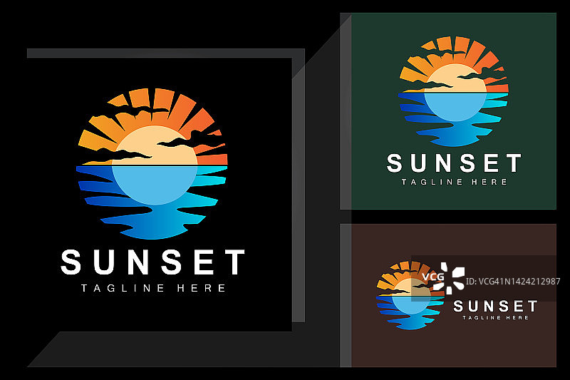 日落海滩标志设计，海景插画，红色日度假景点矢量图片素材