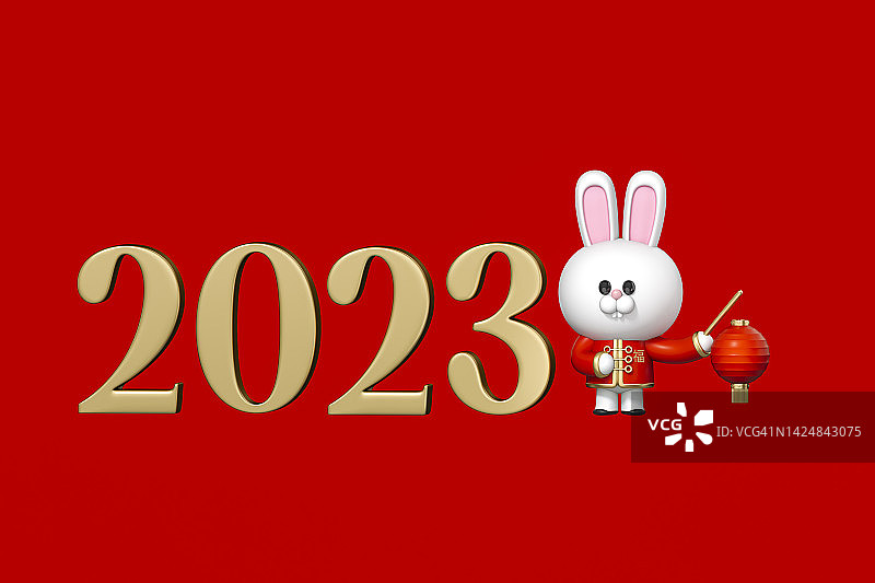 新年快乐2023年，兔年，中国生肖3d兔在红色背景3d渲染。3d插图祝福幸福，繁荣和长寿。中国新年的节日。图片素材