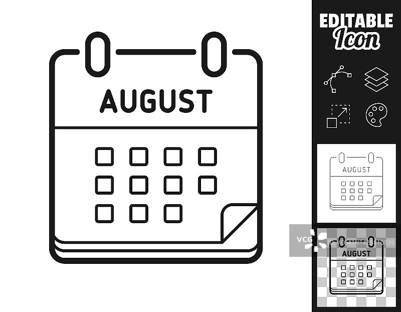 8月日历。图标设计。轻松地编辑图片素材