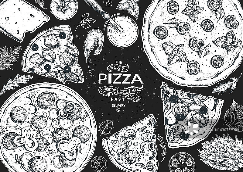 意大利披萨和配料顶视图框架。意大利菜菜单设计模板。复古手绘草图，矢量插图。雕刻风格的插图。菜单上的披萨标签。图片素材