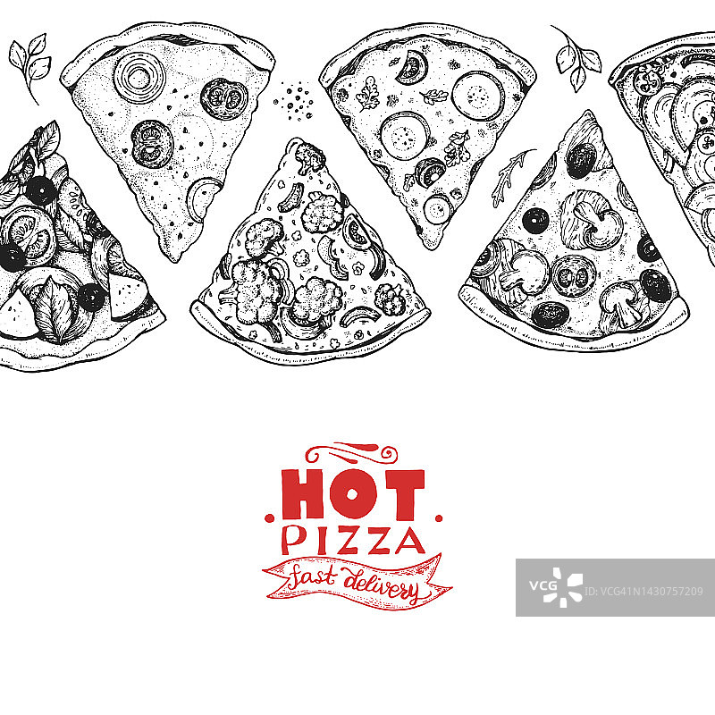 意大利披萨俯视图。意大利菜菜单设计模板。复古手绘草图，矢量插图。雕刻风格的插图。菜单上的披萨标签。图片素材