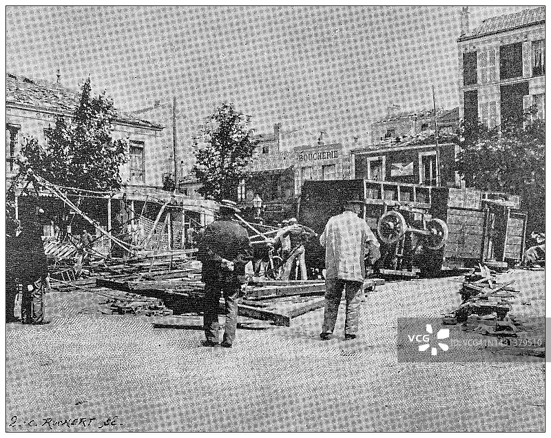 古老的图像:自然灾害，1897年6月18日在巴黎的旋风风暴，伏尔泰广场，阿涅埃尔图片素材