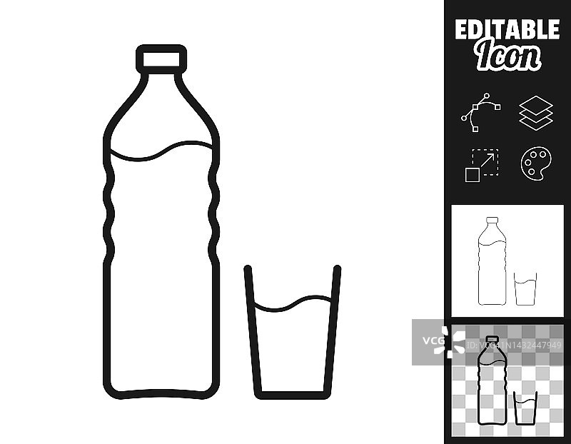一瓶水和一杯水。图标设计。轻松地编辑图片素材