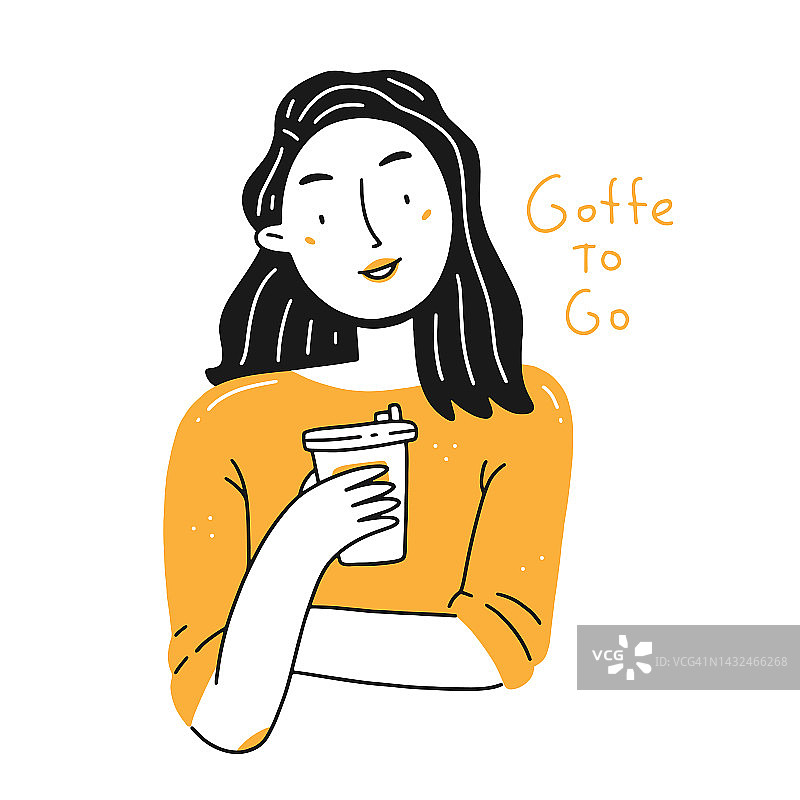 一个年轻快乐的女孩的肖像一杯咖啡和题词咖啡与你在一个简单的线性涂鸦风格。孤立的插图。图片素材