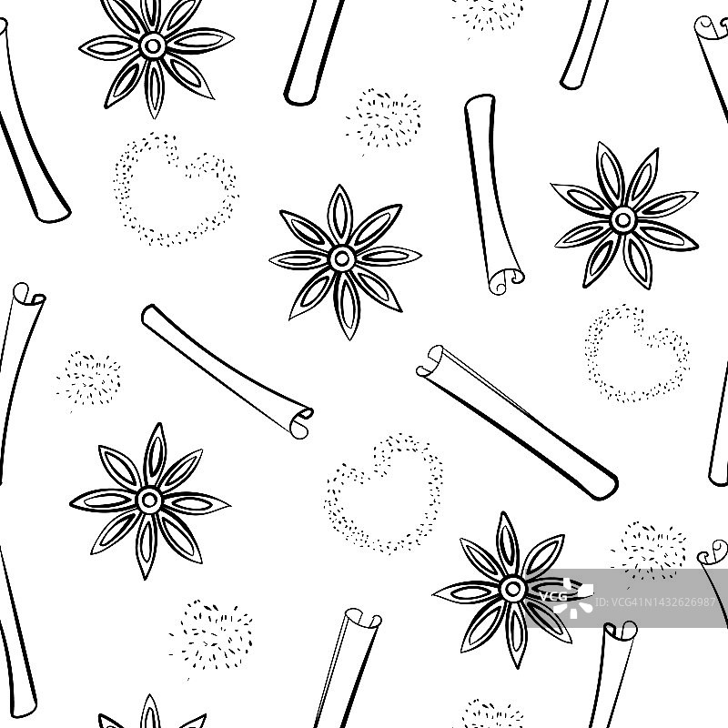 肉桂棒，八角和肉桂粉的无缝图案。黑白素描图片素材