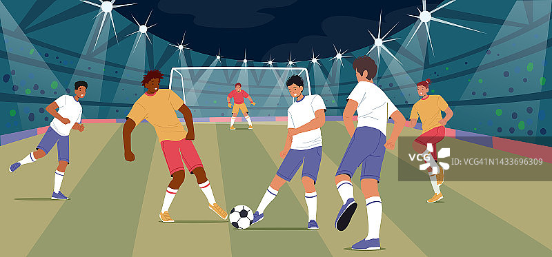足球比赛在球场上，足球运动员队伍穿着制服在球场上与门，光和论坛图片素材
