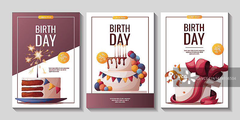 一套生日宣传单蛋糕，礼物，五彩纸屑。图片素材