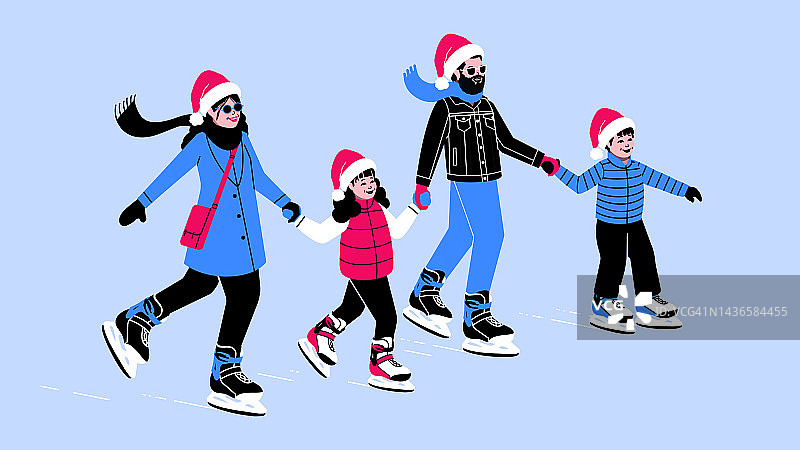 冬天，幸福的一家人戴着圣诞老人的帽子在户外滑冰图片素材