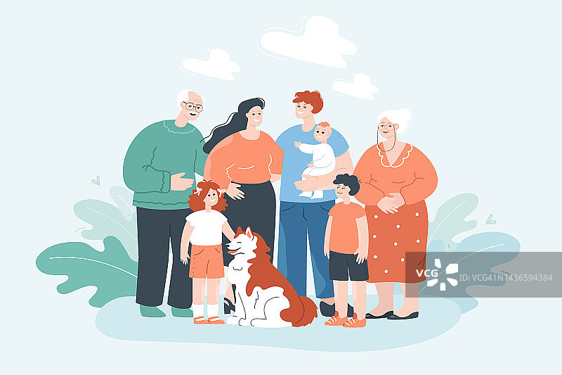 几代快乐的大家庭和狗聚在一起图片素材