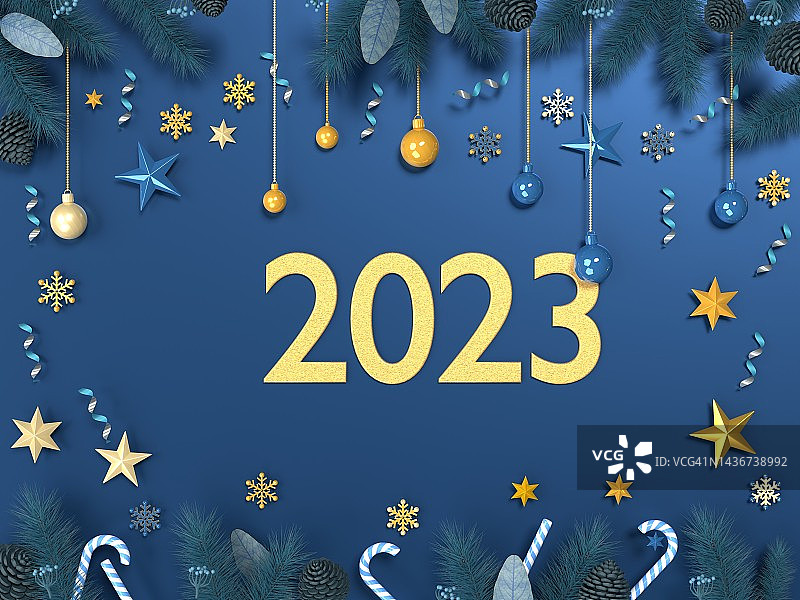 2023年圣诞新年贺卡背景与饰品蓝色背景图片素材