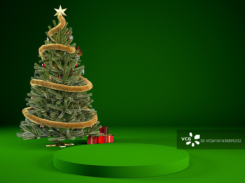 3d圣诞绿色讲台或舞台背景圣诞树，新年概念场景渲染产品展示。图片素材