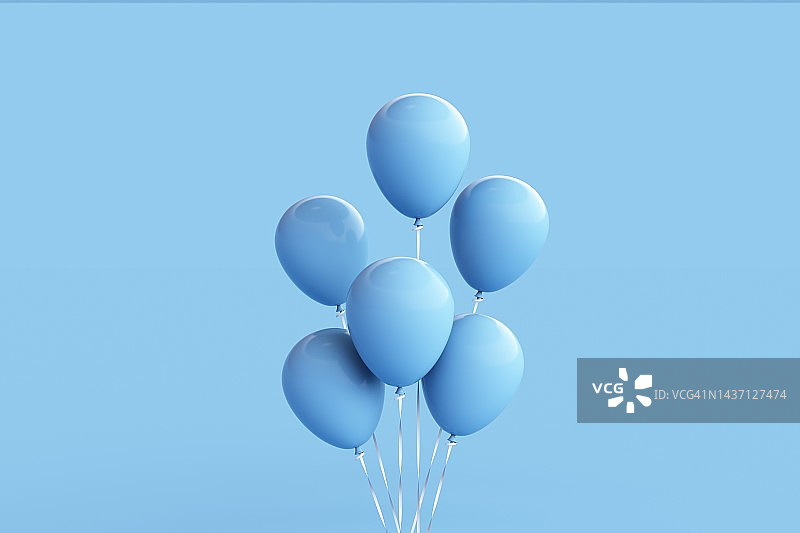 蓝色气球3d渲染插图孤立在蓝色背景上。图片素材