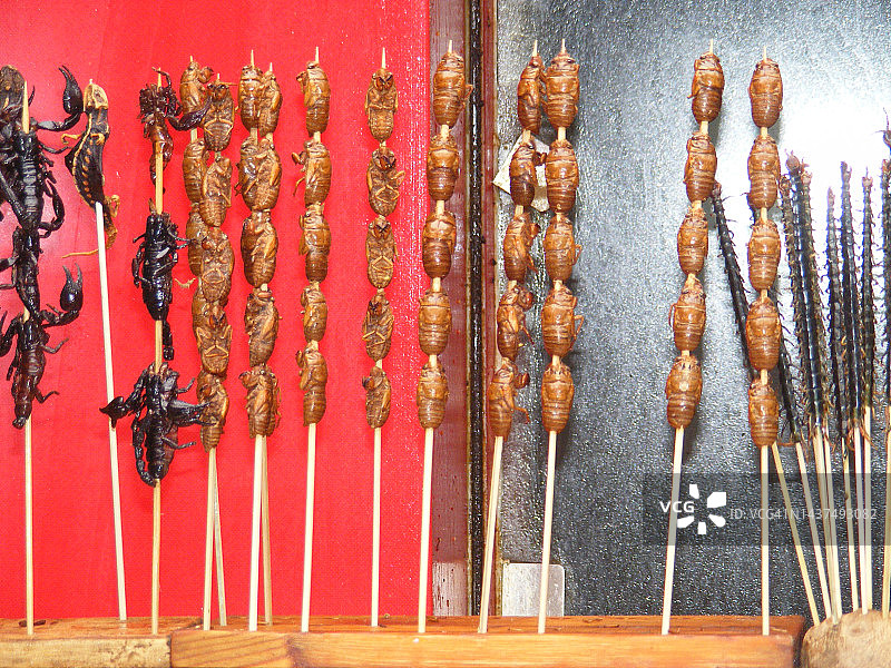 北京美食街的蚕、蜈蚣和蝎子串。图片素材