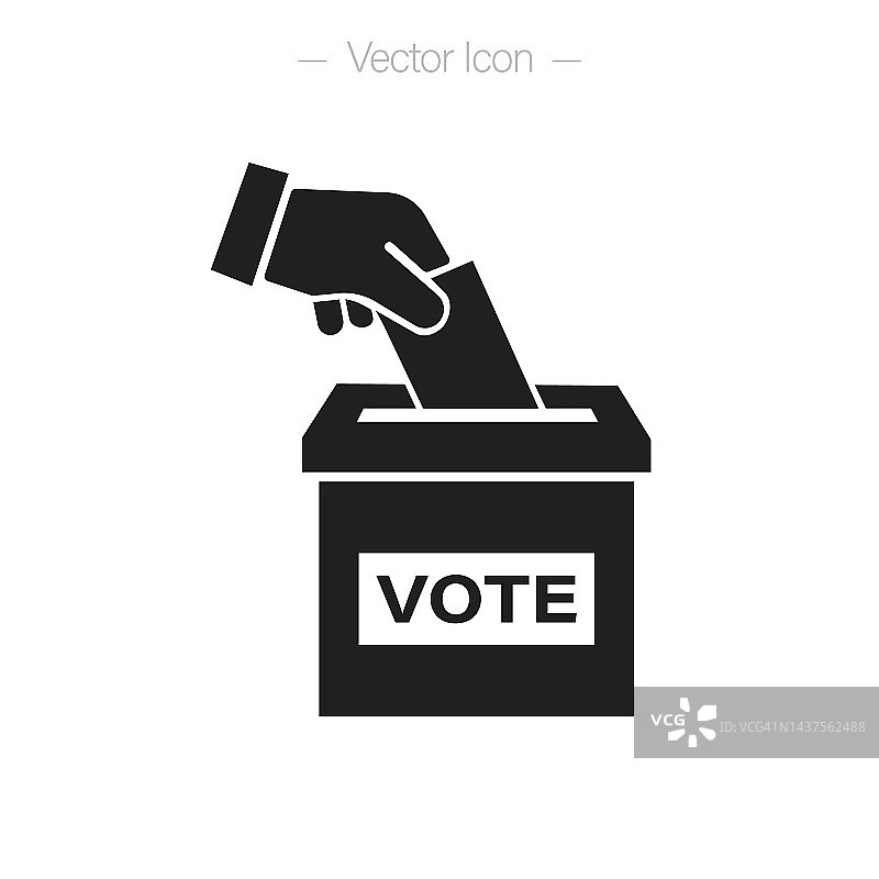 手投票的投票箱图标。用手把纸放进投票箱。孤立的矢量图。图片素材