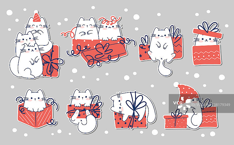 画有趣的贴纸与猫为圣诞节和冬天矢量插图字符收集有趣的猫为圣诞节和新年。涂鸦漫画风格。图片素材