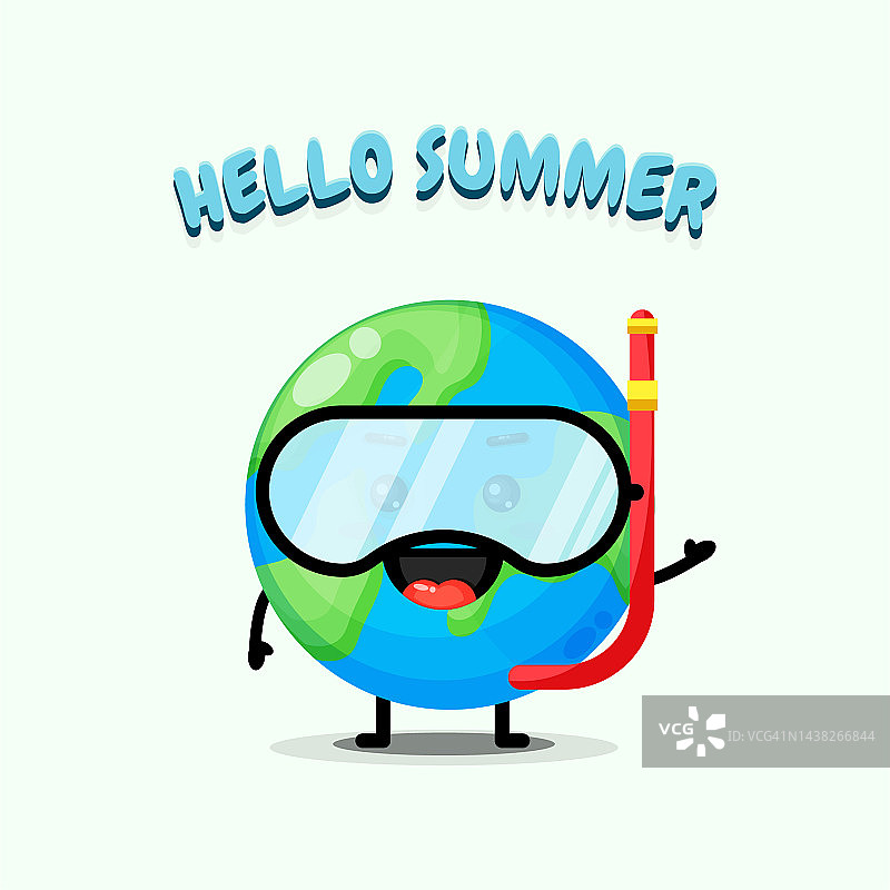可爱的地球吉祥物穿着潜水装备与夏天的问候图片素材