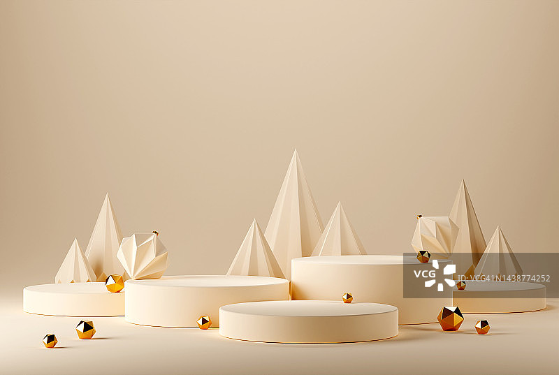 3D抽象圣诞米色背景与几何圣诞树，装饰品图片素材