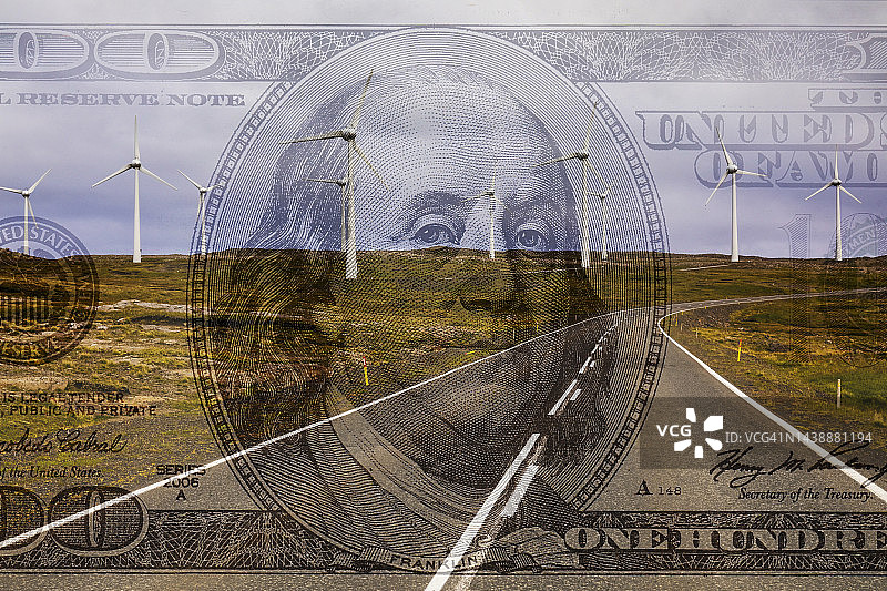 风力涡轮机的背景是100美元的纸币图片素材