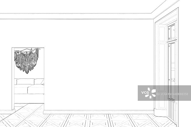 这是房间的草图，客厅门和阳台门之间有一面空白的墙，背景是现代沙发上的流苏，镶花地板上铺着地毯。前视图。图片素材