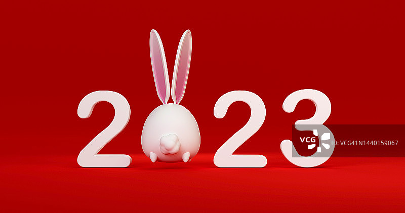 3d白色兔子角色。红色背景的兔子为网络横幅，中国新年2023年。图片素材