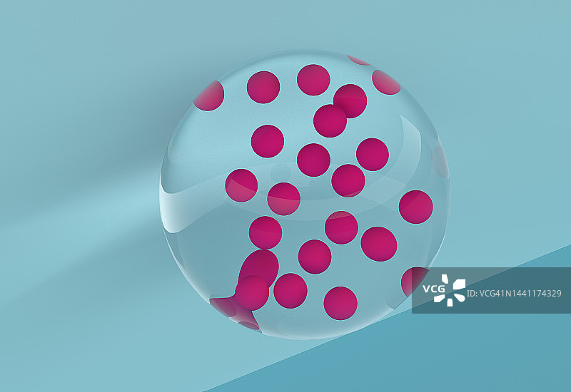 数字渲染的一组小红色球体内的大透明球体。图片素材