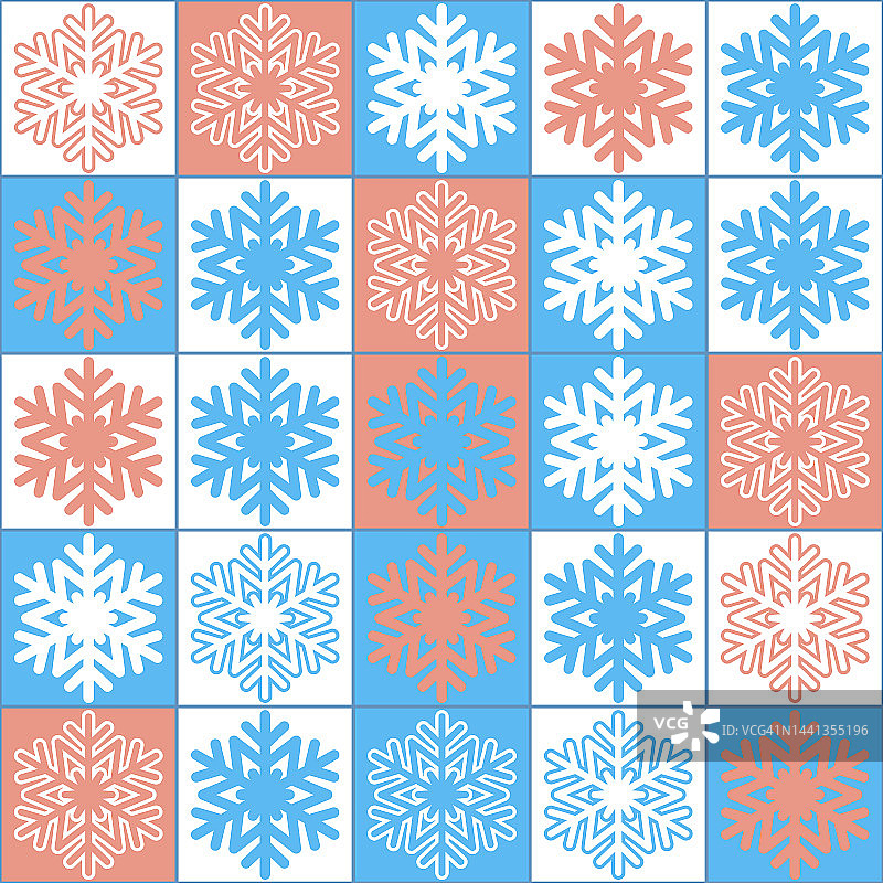 蓝粉雪景圣诞背景，装饰插图无缝图案，方形配雪花图片素材