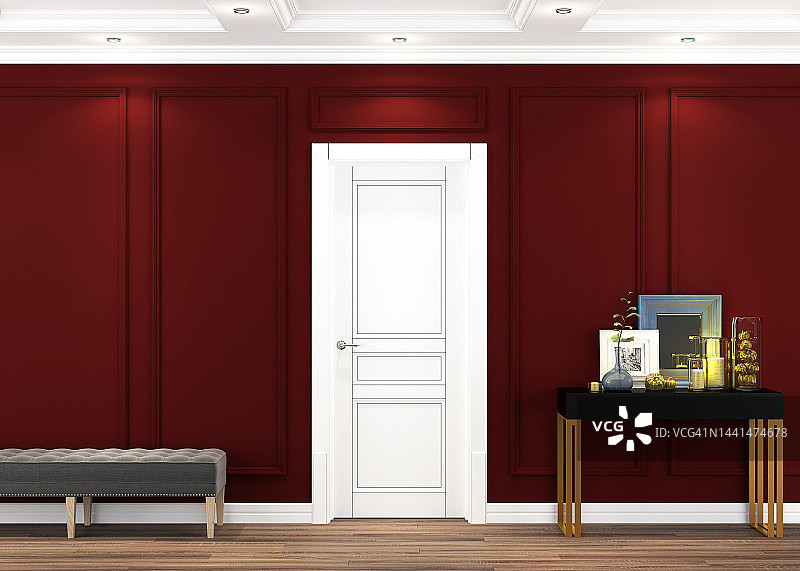 现代的白色门背景下的经典红墙与造型，白色天花板，木地板，桌子与配件，灰色的奥斯曼。室内物件，极简的内饰图片素材