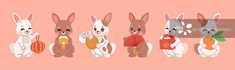 2023年中国新年快乐，可爱的兔子。2023 CNY卡。收集中国兔子。向量图片素材