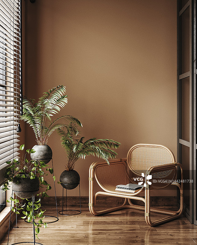 墙壁模型在家庭内部，客厅在棕色暖色调图片素材